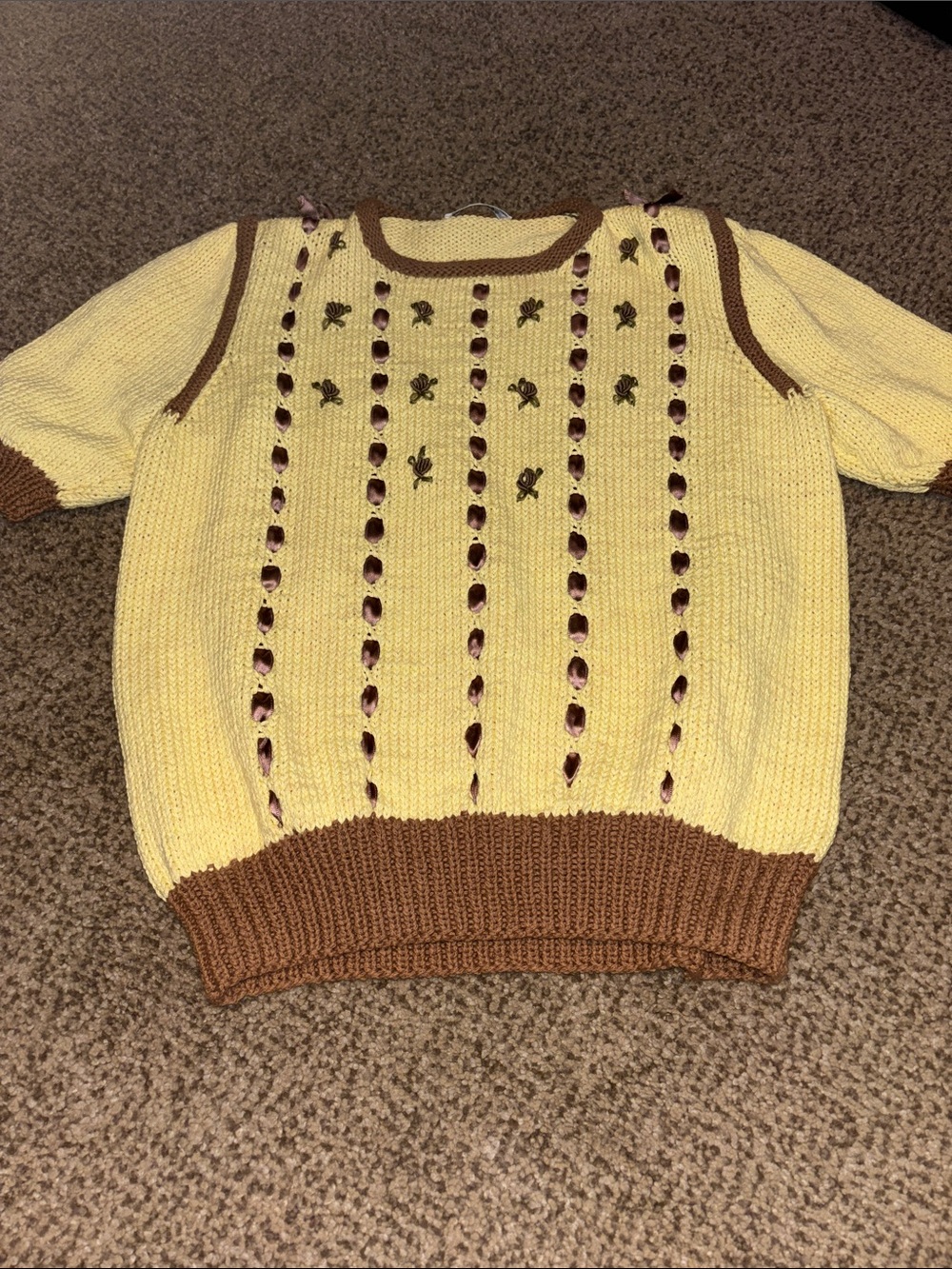 Vintage Yellow & Brown Knit Short-Sleeve Sweater Top Medium